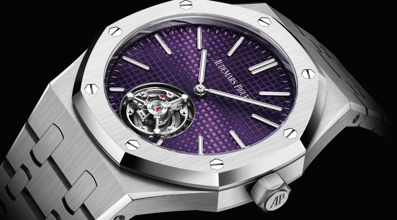 爱彼紫色皇家橡树系列自动上链浮动式陀飞轮超薄腕表（图）